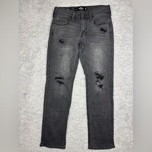 Hollister Jeans Mens 28 Slim Straight Black Denim Distressed Holes Flex Holes